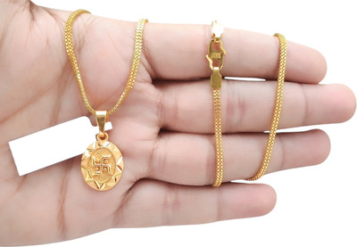 SAPNAPALACE SWASTIK OVAL PENDNT WITH 2 LINE CHAIN 24INCH Gold-plated Brass Pendant Set