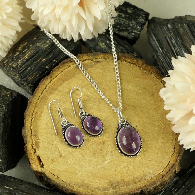 REIKI CRYSTAL PRODUCTS Natural Amethyst Oval Shape Pendant and Earring Set with Metal Chain for Women Amethyst, Agate, Crystal Stone Pendant