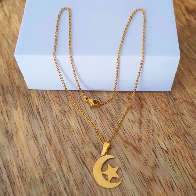 M Men Style Religious Muslim Ramjan Chand(Moon & Star) Gold Stainless Steel Pendant Necklace Gold-plated Stainless Steel Pendant