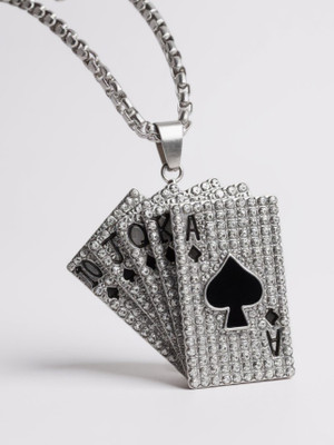 RAPPERSSHOP Quirky Cards Pendant with Chain Silver Cubic Zirconia Stainless Steel Locket Set