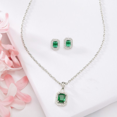 ZENEME Rhodium-Plated Crystal Green American Diamond Pendant Set With Earring Alloy Pendant Set