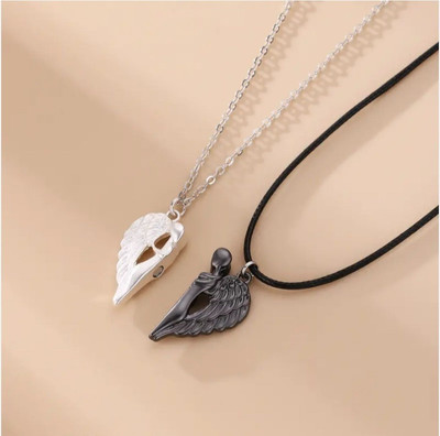 Astrootalk Couple Magnet Angel Devil Wings Hugging Heart Pendant Sterling Silver Stainless Steel Locket Set
