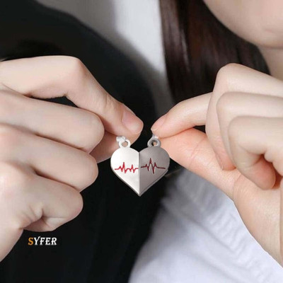 Teeragaj Magnet Heartbeat Couple Pendant for Men & Women Stylish personality Locket Silver Stainless Steel Pendant Set