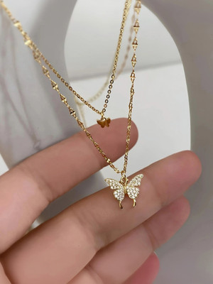 CARIA JEWELLERY COLLECTION Necklaces Pendant Gold Plated Shiny Butterfly Necklace Double Layer Pendant Gold-plated Crystal Alloy Pendant