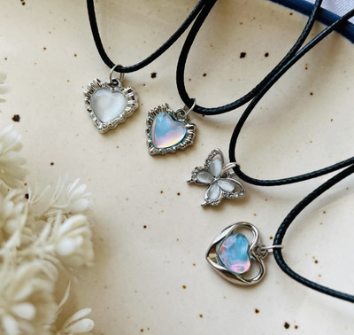 shinewithsirani Pack Of 4 Classy Aesthetic Silver AD Charm Black Cord Necklace Set For Women Silver Alloy Pendant Set
