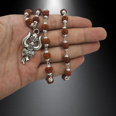 Fine Creation Om Trishul Damru Mala with Rudraksha, Bholenath Mala for Men and Women Silver Beads Brass, Wood Locket