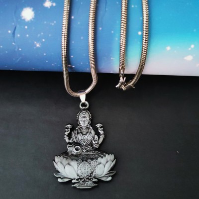M Men Style Goddess of Love Prosperity Mahalaxmi Durga Locket With 22 inch Snake Chain Rhodium Metal Pendant