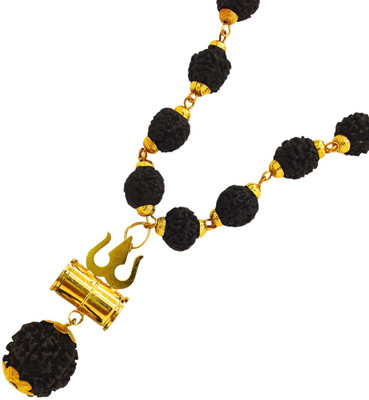 Nirvana Mukhi Spiritual Shiv trishul Damaru Locket With original Pamchmukhi Rudraksh Gold-plated Beads Brass, Wood Locket Set