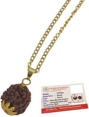 AllenDazzy Four Mukhi Rudraksha Certified/Original Nepali 4 Mukhi Certificate Gold-plated Beads Brass, Wood Pendant Set