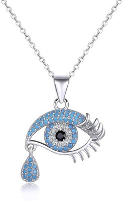 Utkarsh Silver AD Blue Diamond/Nug Evil Eye Lashes With Teardrop Locket Pendant Necklace Silver Stainless Steel Locket Set