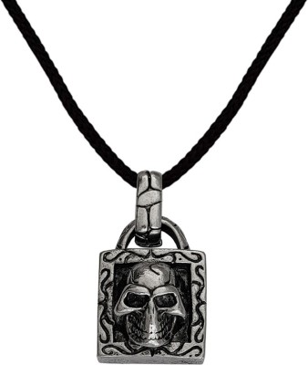 M Men Style Biker Jewellery Viking Lock And Skull Head Pendant Chain Rhodium Stainless Steel, Cotton Dori Pendant