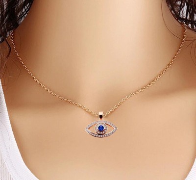 Stylewell JAR0395-2 Valentine's Day Rose-Gold AD Blue Nug Evil Eye Pendant Locket Necklace Stainless Steel Locket Set