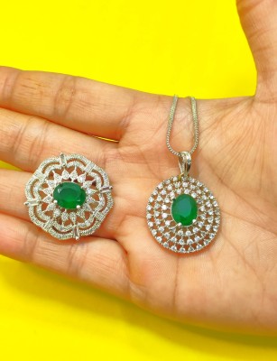 Divyanshi Collection Silver Emerald Pendent Chain With Emerald Ring Silver Diamond Brass Pendant Set