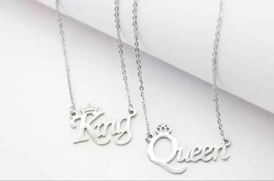 Whitechimes King Queen Couple Pendant for Girl and Boy Valentine day Couple Locket Pendant Stainless Steel Pendant Set