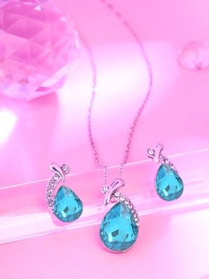 YELLOW CHIMES Tear Drop Shaped Blue Crystal Pendent Chain Crystal Alloy Pendant Set