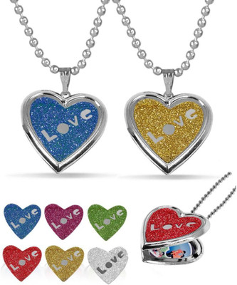 house of common Set Of 2 (Multicolor) Heart Shape Shining Love Couple Photo Frame Locket Pendant Stainless Steel Pendant Set