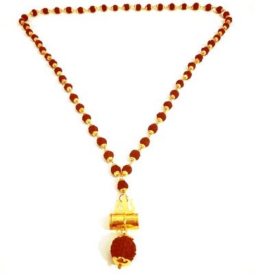 FOBHIYA FOBHIYA Unisex Religious Jewellery Gold-Plated Necklace Lord Shiv Trishul Damru Locket with Panchmukhi Rudraksha Mala Om Kavach Brown Brass Pendant for Positive vibes. Beads Metal