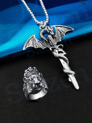 Saizen Silver Dragon Pendant with KGF ring combo set for Men/Boys/Husband & Unisex Rhodium Stainless Steel Locket Set