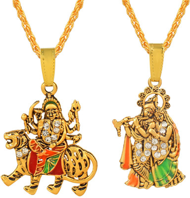 Morvi Gold Plated Multi Sherawali Durga Mata with Radha Krishna Pendant Locket Gold-plated Brass Pendant