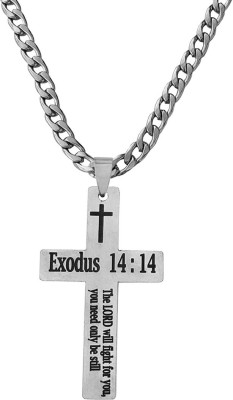 M Men Style Chrismax Jesus Cross Christian Bible Verse Exodus 14:14 With 22 Inch Steel Chain Sterling Silver Stainless Steel Pendant