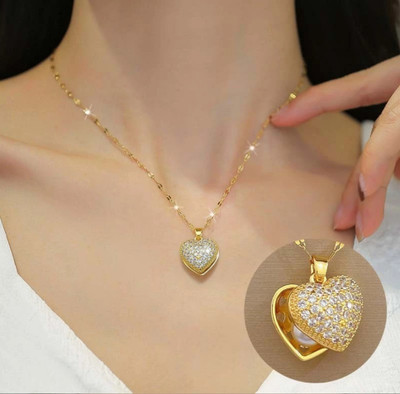AMRHA Sparkling Heart Shape Openable Necklace Gift for Girls Gold-plated Stainless Steel Pendant Set