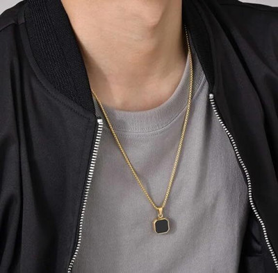 Fab Creations Black stone crazy necklace pendant for boys or men, Square necklace gold. Alloy Gold-plated Stainless Steel Locket