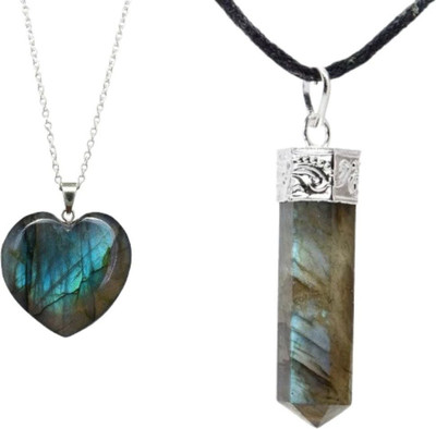 MARMORIS ECOM Natural Labradorite Heart & Pencil Shape Healing Crystal Gemstone Pendant Combo Labradorite Crystal Pendant Set