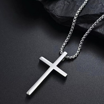 RAPPERSSHOP Stainless Steel Cross Pendant with Box Chain Sterling Silver Stainless Steel Pendant Set