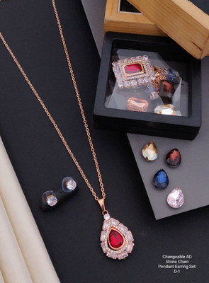 ATMESHWARSALES Changeable AD Stone Chain Pendant Earring Set 01 Gold-plated Cubic Zirconia Alloy Pendant Set