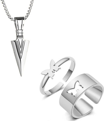 Animated Stunning Trendy Combo of Silver Arrow Pendant and Butterfly Ring for Couples Silver Stainless Steel Pendant Set