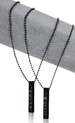 Teeragaj Stylish Black 3D Vertical Bar King Queen Stick Pendant Necklace Silver Rhodium Stainless Steel Pendant Set