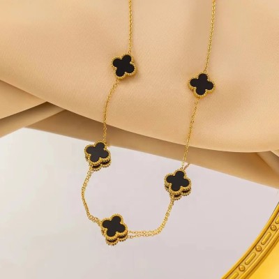 STYLE KRAFT Black Clover Gold Necklace for Women's Beach party wear Precious gift for her Gold-plated Pearl, Zircon Alloy, Copper Pendant Set