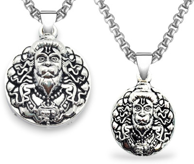 Elleva Hanuman Sankat Mochan Pendant Locket for Men Bajrangbali Hanuman Face Locket Silver Metal Pendant Set