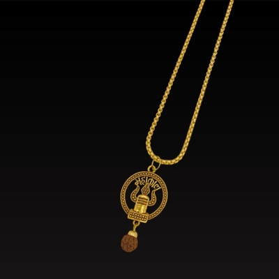 BHAKTI Kripalu Store Shiv Trishul OM Dotted Pendant With Chain For Unisex Gold-plated Brass, Alloy Locket