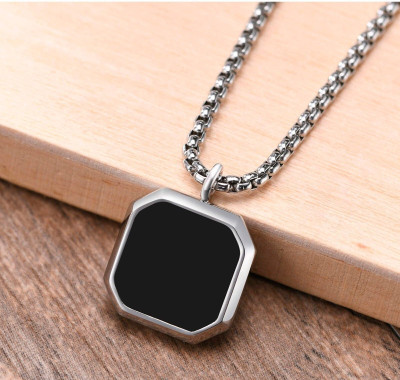 Whitechimes Men And Women Black Onyx Octagon Inlay Square Pendant Amulet Silver Agate Stainless Steel Pendant