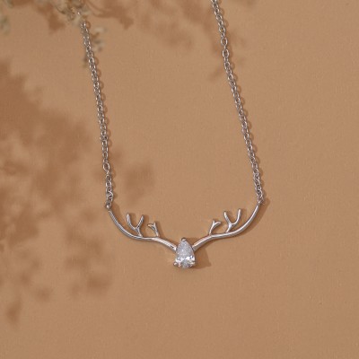 Ornate Jewels 925 Sterling Silver Solitaire American Diamond Deer Design Necklace for Women Rhodium Cubic Zirconia Sterling Silver Pendant Set