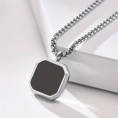 Shashank Soul Black Onyx Octagon Inlay Square Pendant/Necklace, Men Black Onyx Amulet Pendant Silver Agate Stainless Steel Pendant