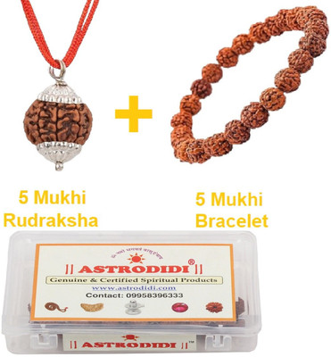 Astrodidi 5 Mukhi Rudraksha Pendant and Bracelet | Nepali Five Face Pendant and Bracelet Silver Wood Pendant