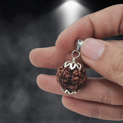 Kripalu store Certified 6 Mukhi Rudraksha six Faced Rudraksha Original Rudraksha Locket Silver Beads Brass, Wood Pendant Set