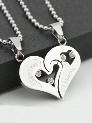 Trinkets Couple Special Silver plated Dual Heart locket with Chain Silver Diamond Stainless Steel Pendant Set