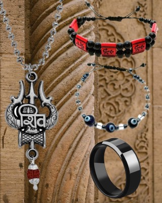 Dynamic Retail Global Shiva Mahadev Mahakal Locket Black Ring Men Religious Pendant Dori Bracelet 46Z Stainless Steel Pendant Set