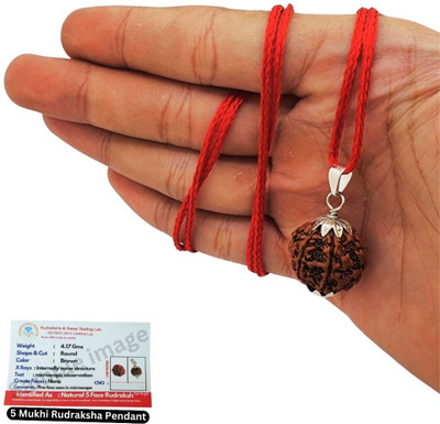 JagatguruShop 5 Mukhi Nepali Rudraksha Pendant Lab Certified Original with Lab Certification Silver Beads Brass, Wood Locket Set