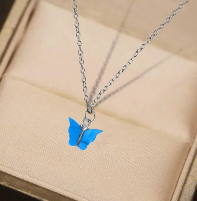 De-Ultimate Blue Valentine's Day Butterfly Charm Locket Pendant Necklace Clavicle Chain Stainless Steel Pendant Set
