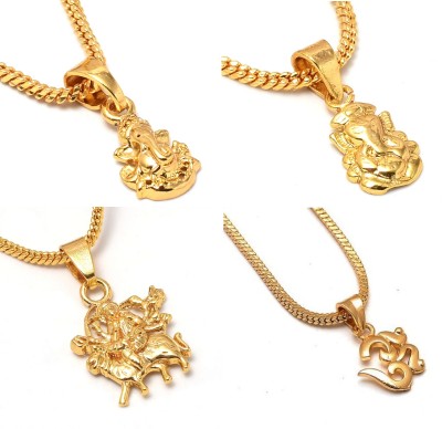 PYR JEWELS 4 Pendant with 1 Chain Ganesh Ji, Durga Mata, Om, Ganpati Maharaj for Girls Gold-plated Alloy Pendant Set
