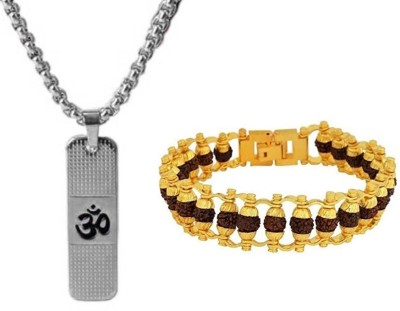 Uniqon Rado Rudraksha Wrist Band Bracelets & Om Chand Pendant Locket Necklace Box Chain Gold-plated, Silver Stainless Steel