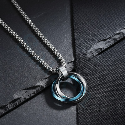 Trinket World 3 Circle Blue Ring Pendant with 24inch Stainless Steel Chain For Men and Boys Silver Stainless Steel Pendant Set