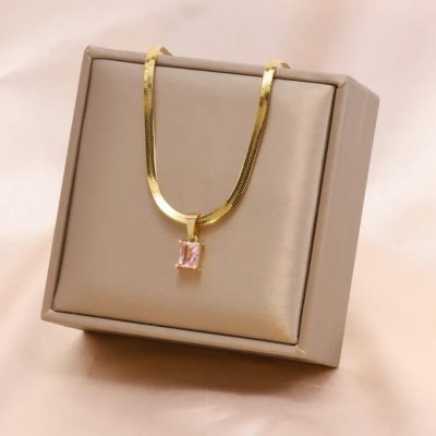 vien Square Pink Zircon Pendant Necklace Women's Classic Luxury Girls Jewelry Chain Gold-plated Stainless Steel Pendant