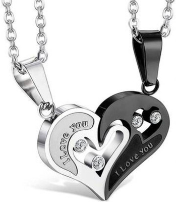 Riingzinee His & Hers Love Heart Puzzle Pendant Necklaces for Couples – CZ Crystal Silver Alloy, Stainless Steel Locket Set