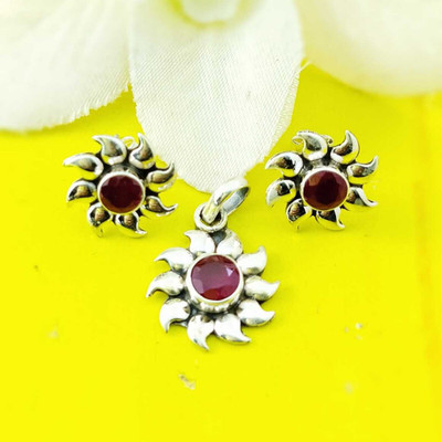 jsaj Sterling Silver Ruby Sterling Silver Pendant Set