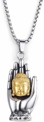 Maaword Silver Gold Buddha Pendant in Hand Design | Gold Plated Face | Stylish Chain Silver, Gold-plated Alloy Pendant Set